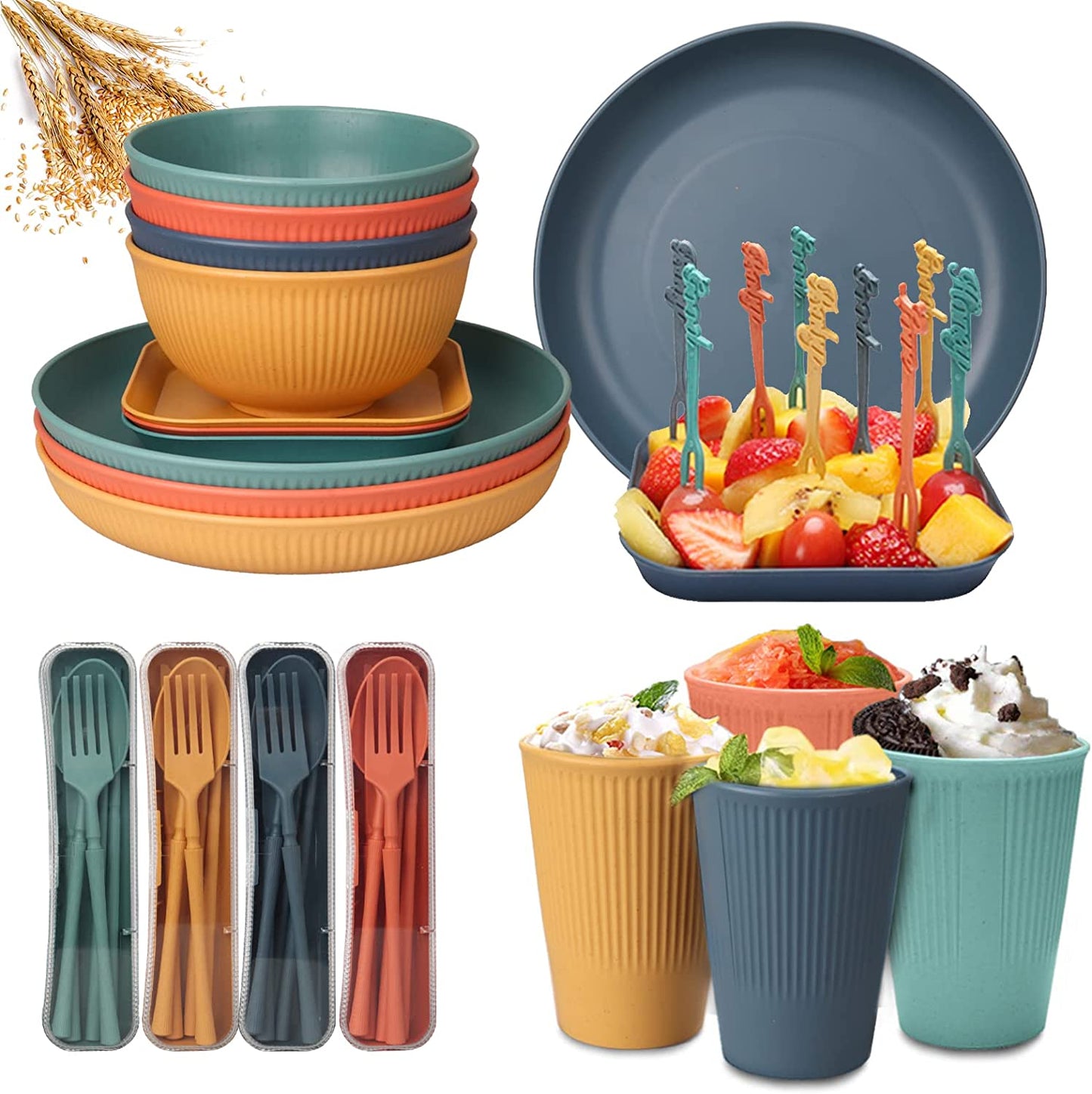 48pcs Unbreakable Dinnerware Sets for 4 People, Camping Plates and Bowls Set