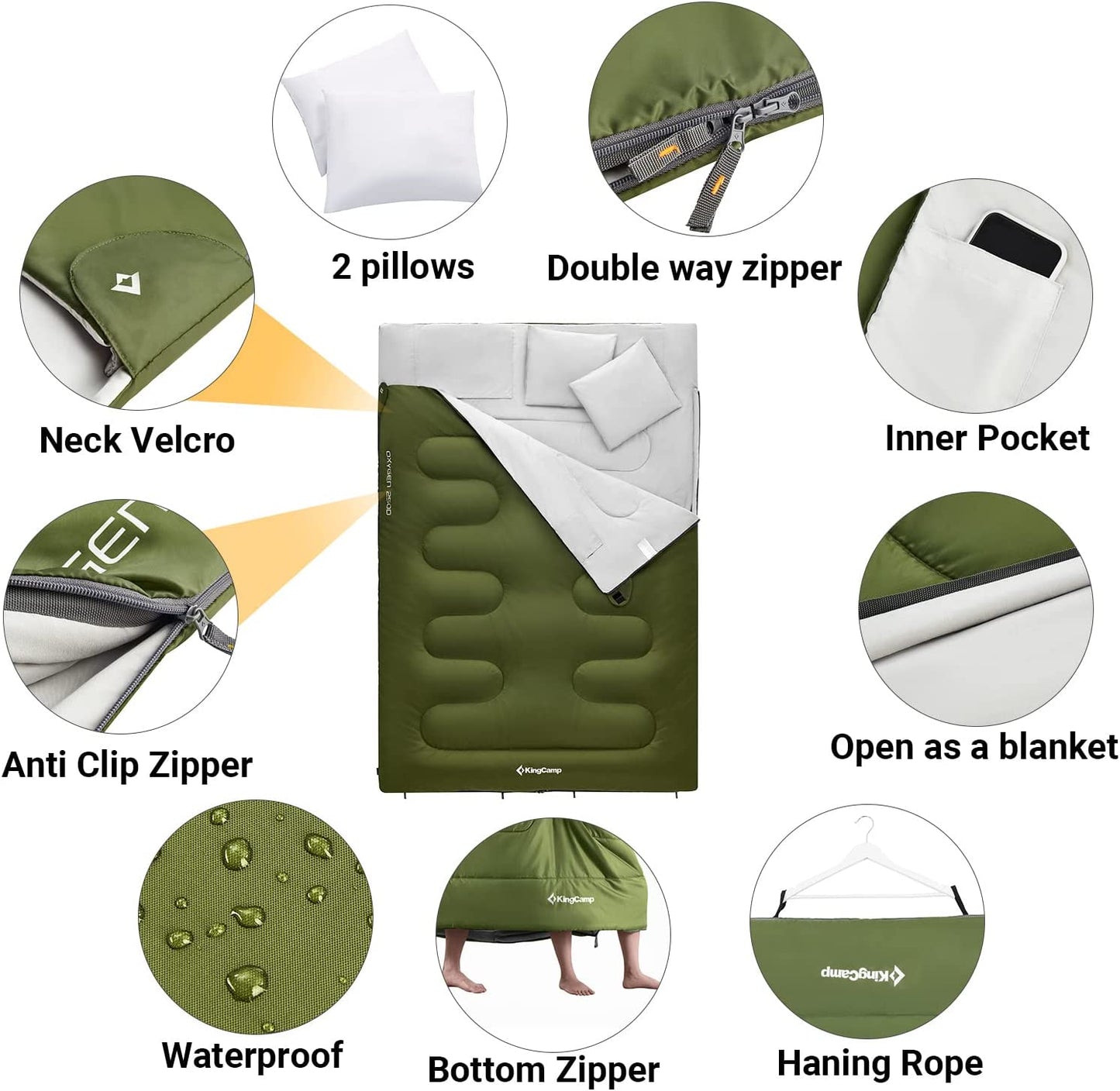 KingCamp Double Sleeping Bag for Adults with 2 Pillows 220 × 150cm King Size