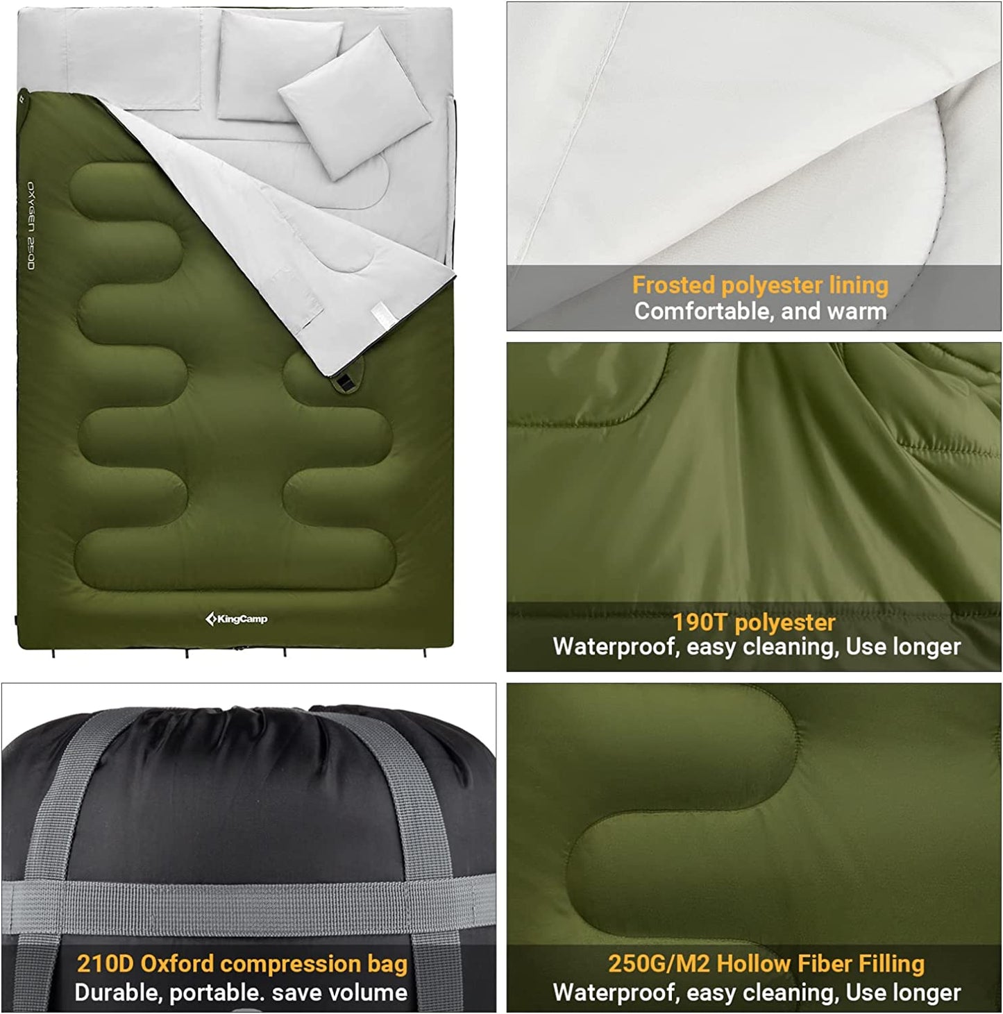 KingCamp Double Sleeping Bag for Adults with 2 Pillows 220 × 150cm King Size