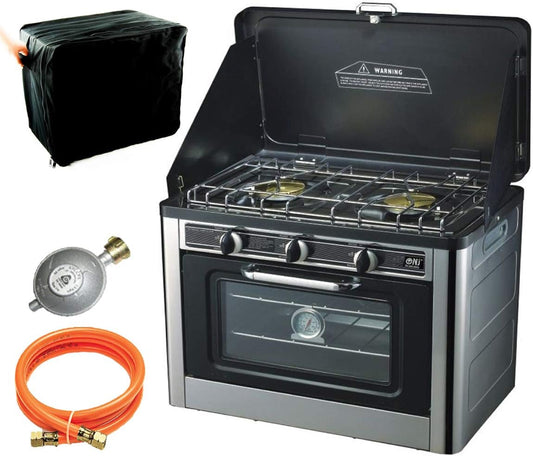 NJ CO-01 Gas Oven Gas Stove 2 Burner Camping Stove with Lid Gas Grill Gas Stove Oven + Gas Hose Regulator Set