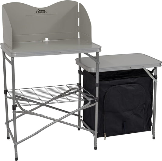 Andes Camping Field Kitchen Worktop Table Stand With Cupboard & Windshield