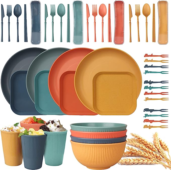 48pcs Unbreakable Dinnerware Sets for 4 People, Camping Plates and Bowls Set