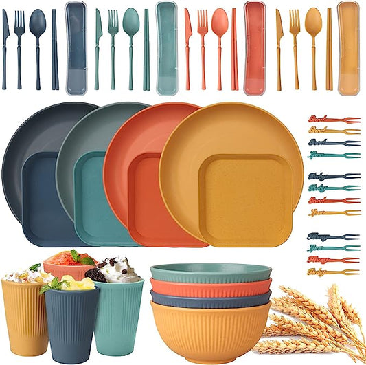 48pcs Unbreakable Dinnerware Sets for 4 People, Camping Plates and Bowls Set